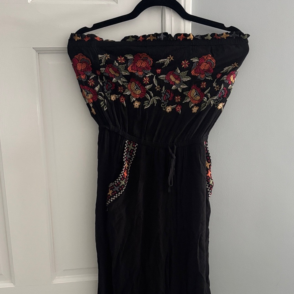 Aerie Black Strapless Dress with Red Floral Embroidery